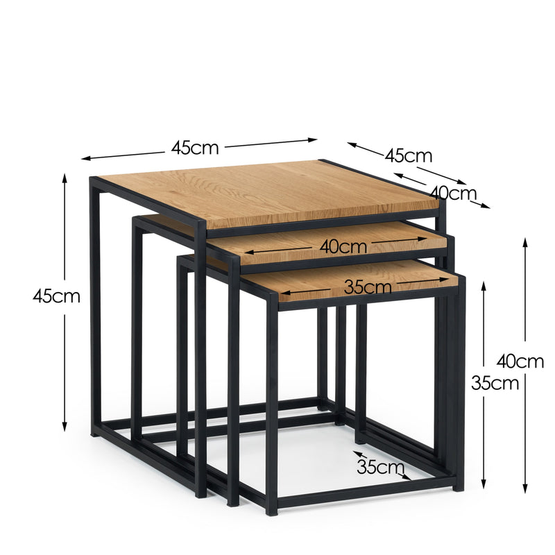 Set of three nesting tables with dimensions indicated on a white background