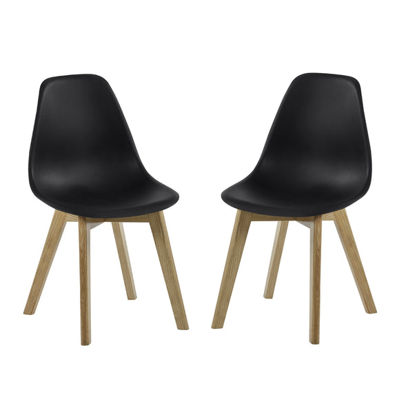 Two black chairs with wooden legs on a white background