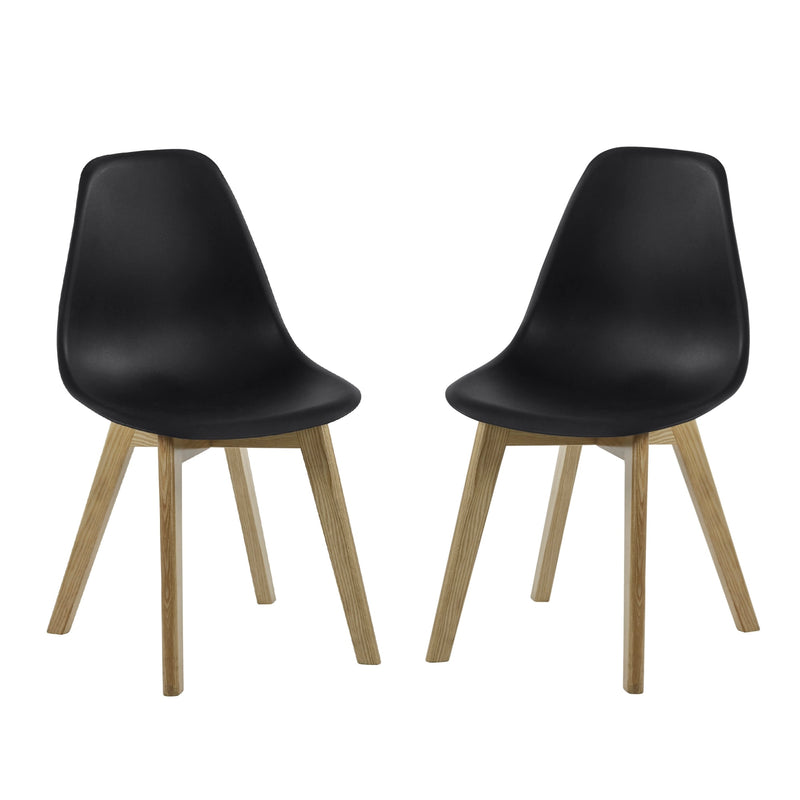 Two black chairs with wooden legs on a white background