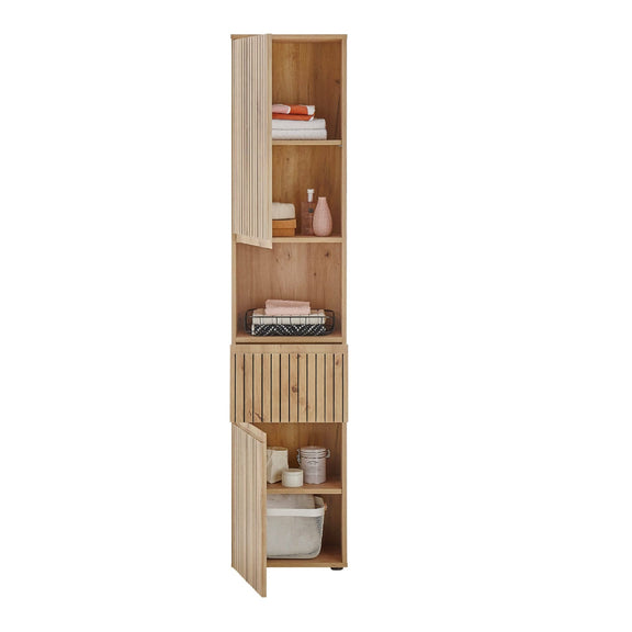 Tall wooden cabinet with shelves on a white background