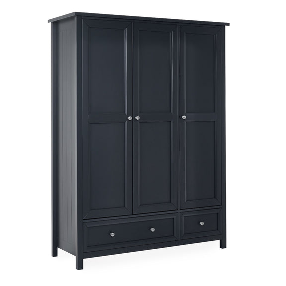 Black wardrobe with four doors and two drawers on a white background