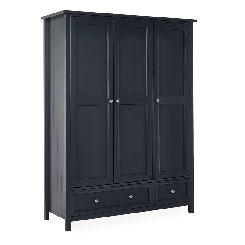 Black wardrobe with four doors and two drawers on a white background