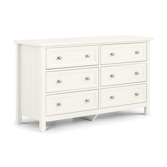 White dresser with six drawers on a white background