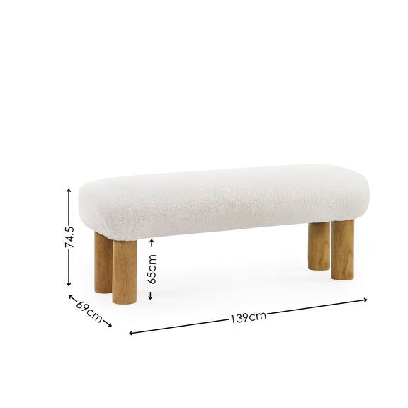 White upholstered bench with wooden legs and dimensions labeled on a white background