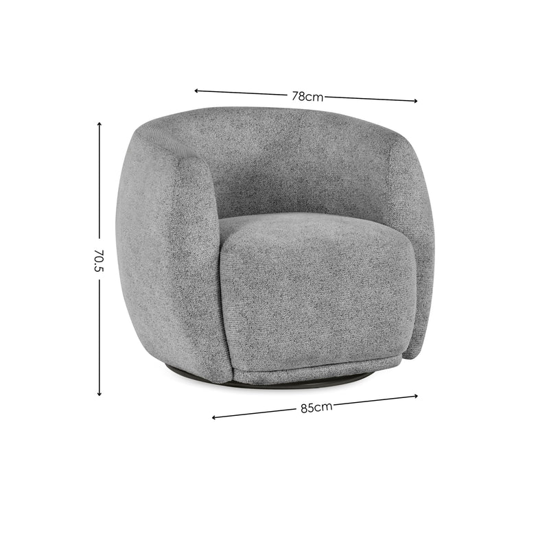 Gray armchair with dimensions labeled on a white background