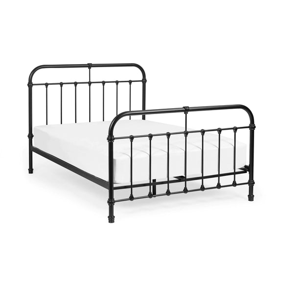 Black metal bed frame on a white background