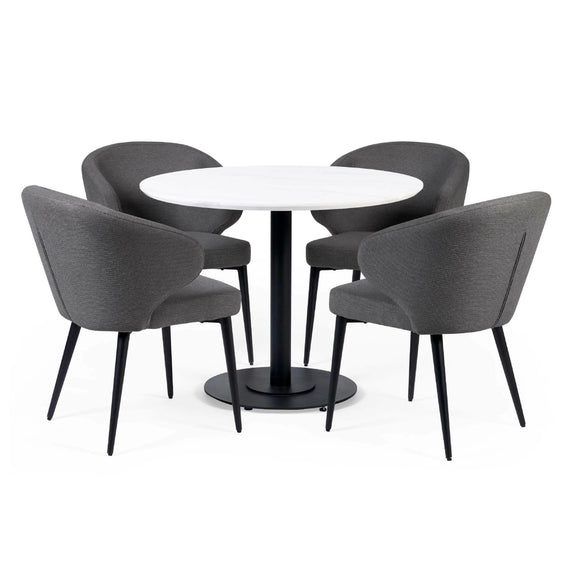Round white table with four gray chairs on a white background