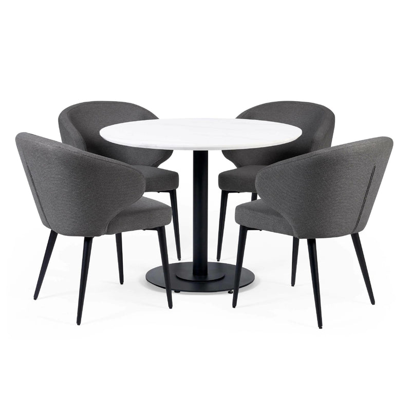 Round white table with four gray chairs on a white background