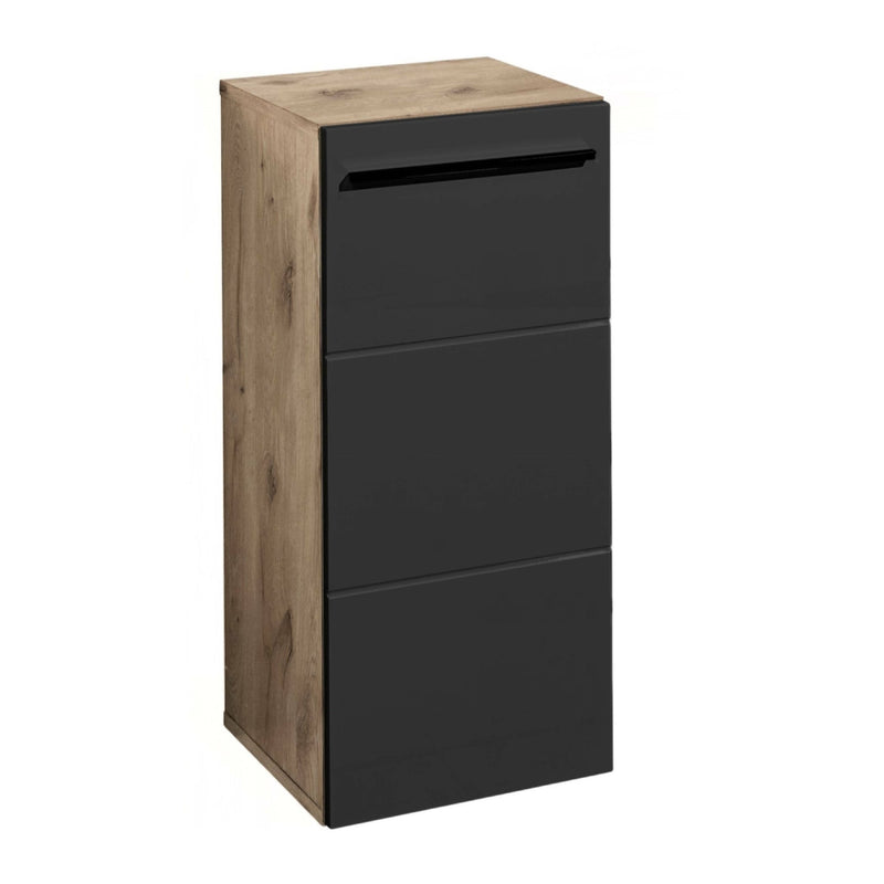 Tall black cabinet with wooden top on a white background