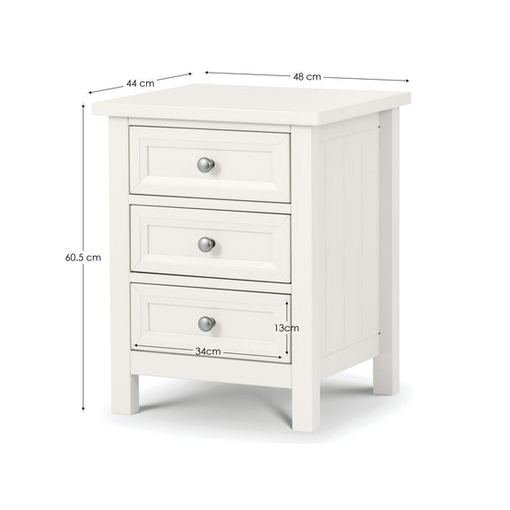 White nightstand with dimensions labeled on a white background