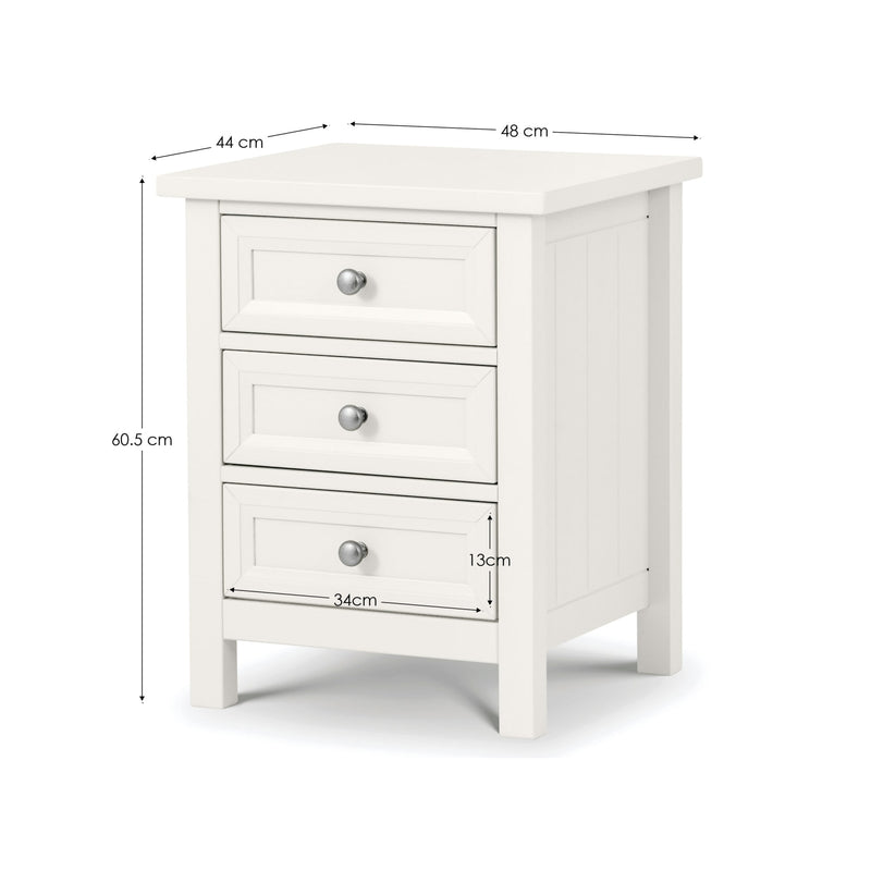 White nightstand with dimensions labeled on a white background