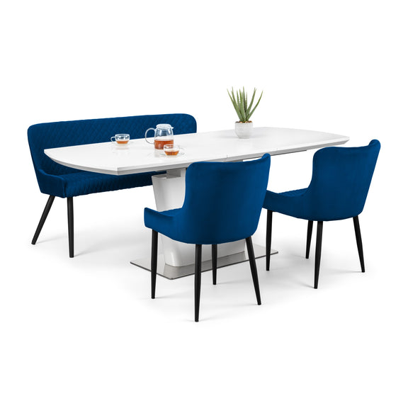 Dining set with a white table and blue chairs on a white background