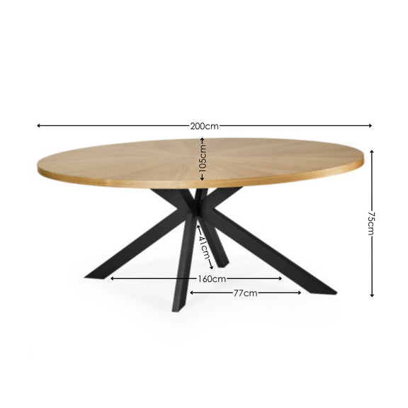 Wooden table with black metal legs and dimensions labeled on a white background