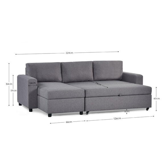 Gray sectional sofa with dimensions on a white background