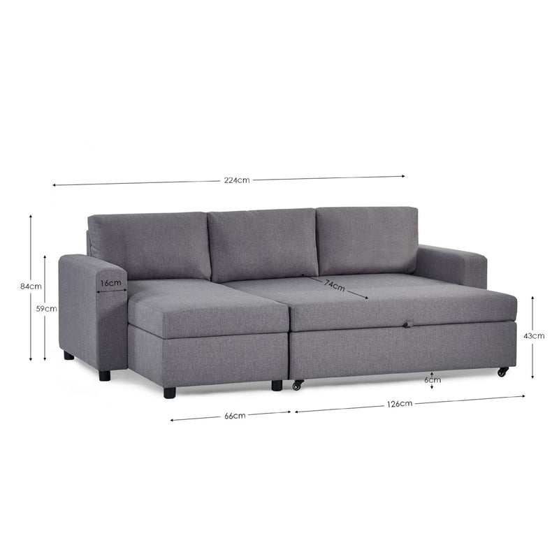 Gray sectional sofa with dimensions on a white background