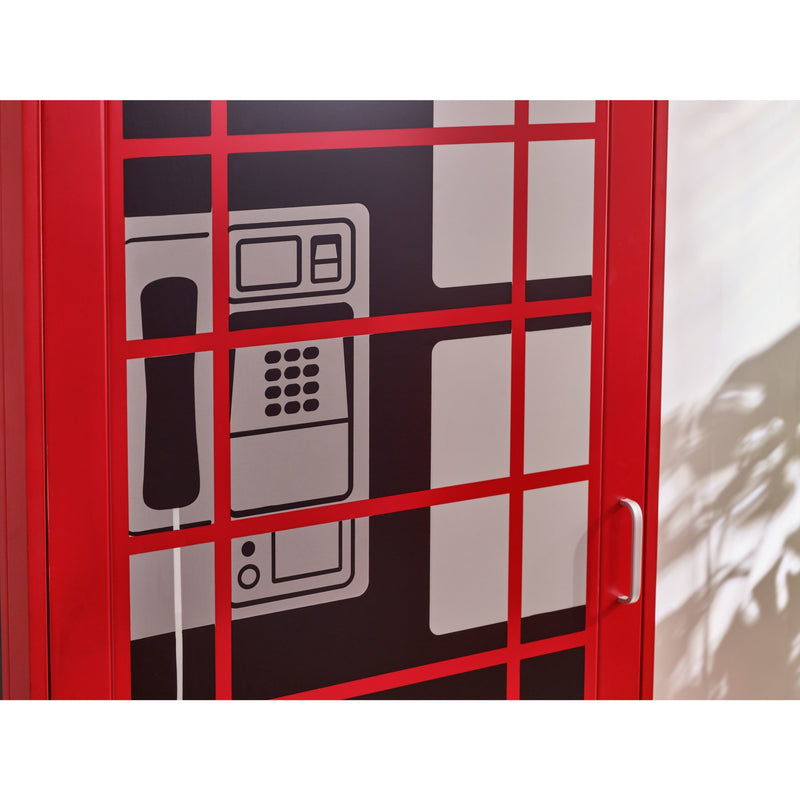 Red phone booth with a black and white illustration of a telephone on a white background