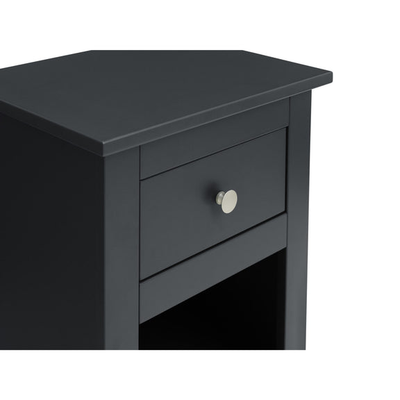 Black nightstand with a drawer and silver knob on a white background