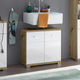 Bathroom with white vanity, wooden cabinet, and towels hanging.