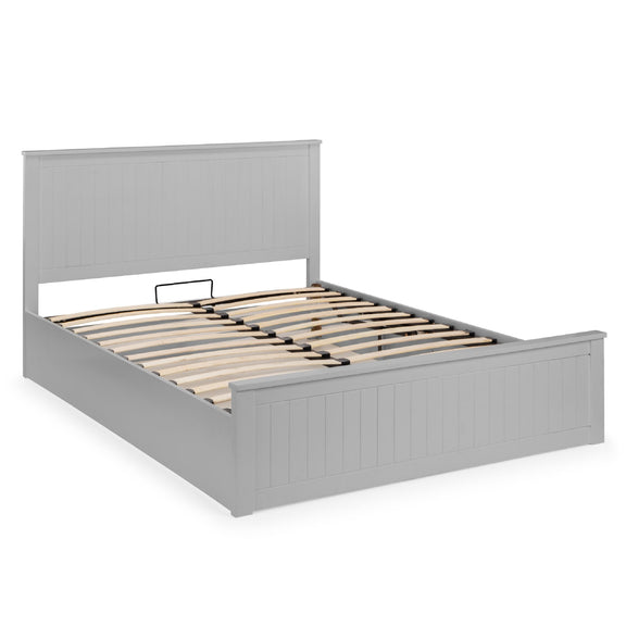 Gray bed frame with wooden slats on a white background