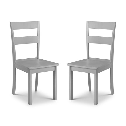 Two gray wooden chairs on a white background