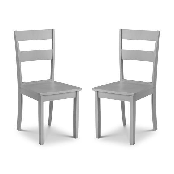Two gray wooden chairs on a white background