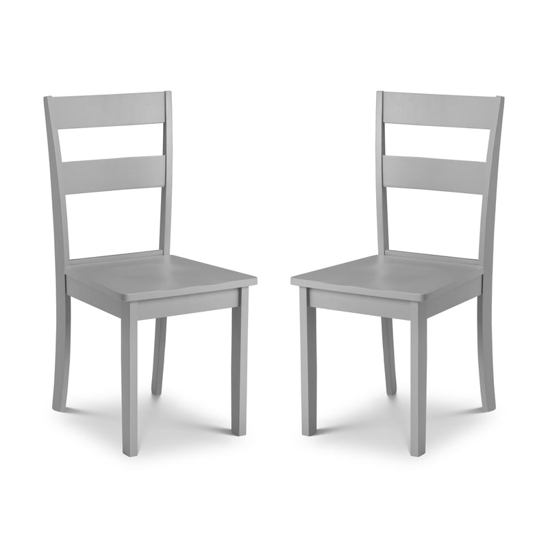 Two gray wooden chairs on a white background