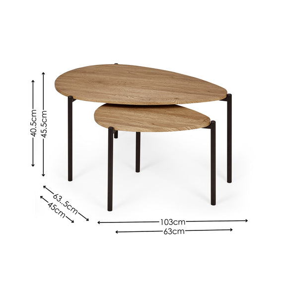 Two wooden tables with dimensions labeled on a white background
