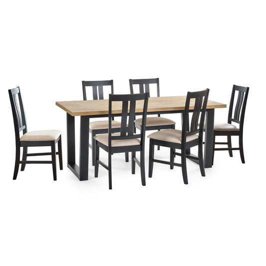 Dining table set with six chairs on a white background