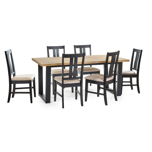 Dining table set with six chairs on a white background