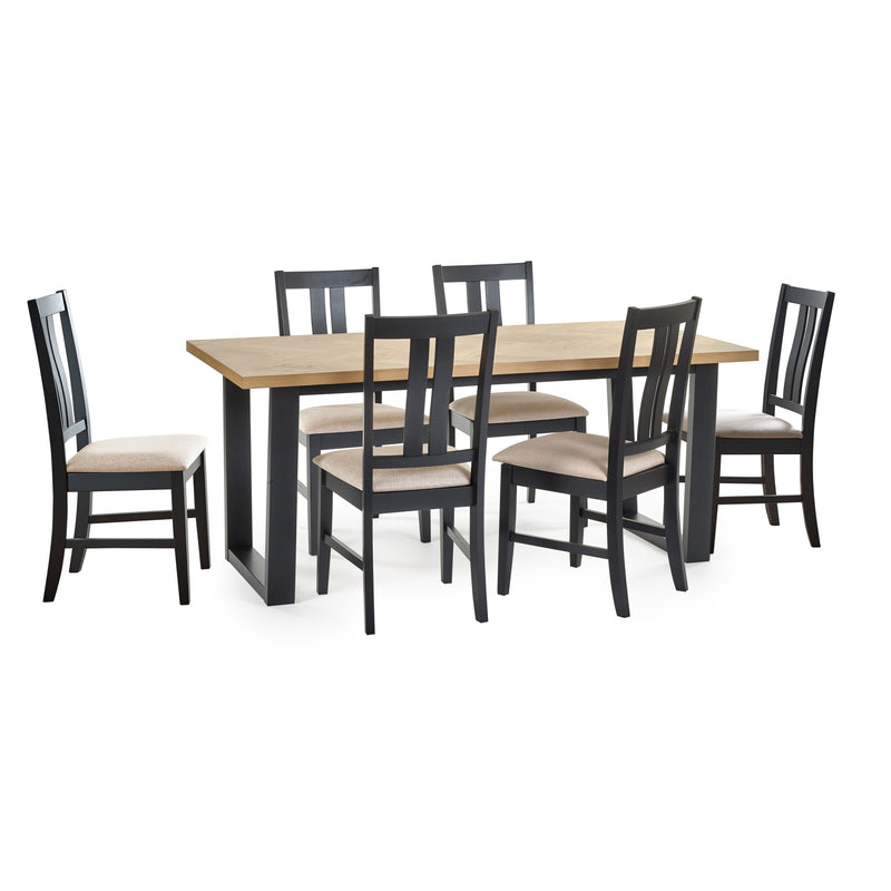 Dining table set with six chairs on a white background