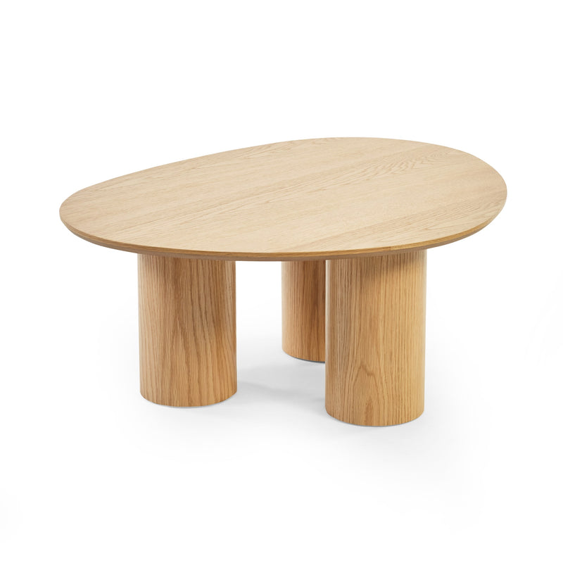 Wooden coffee table with three cylindrical legs on a white background