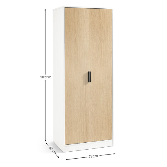 White and wooden wardrobe with dimensions on a white background