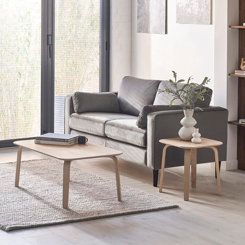 Modern living room with gray sofa, wooden coffee table, and side table.