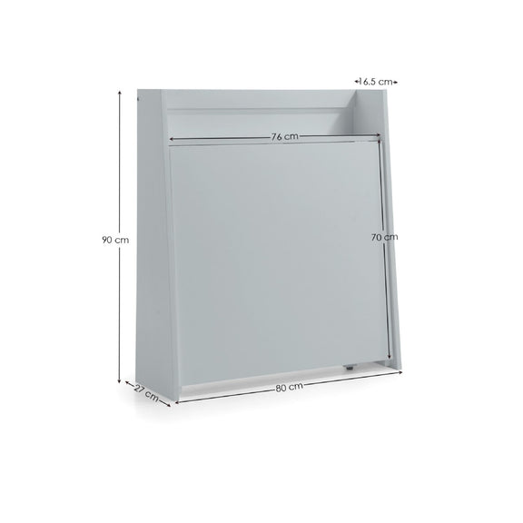 Gray cabinet with dimensions labeled on a white background