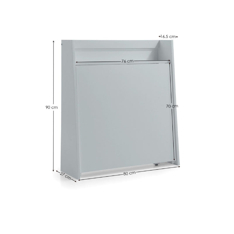 Gray cabinet with dimensions labeled on a white background