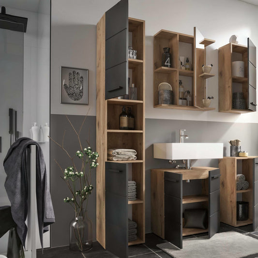 Modern bathroom interior with wooden shelves and sink