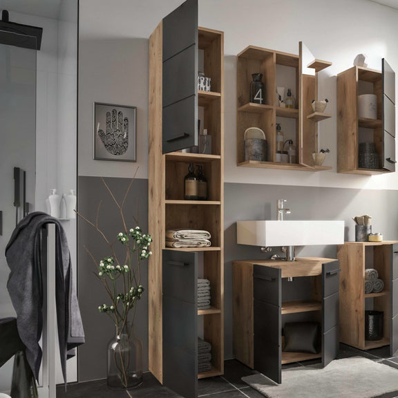 Modern bathroom interior with wooden shelves and sink