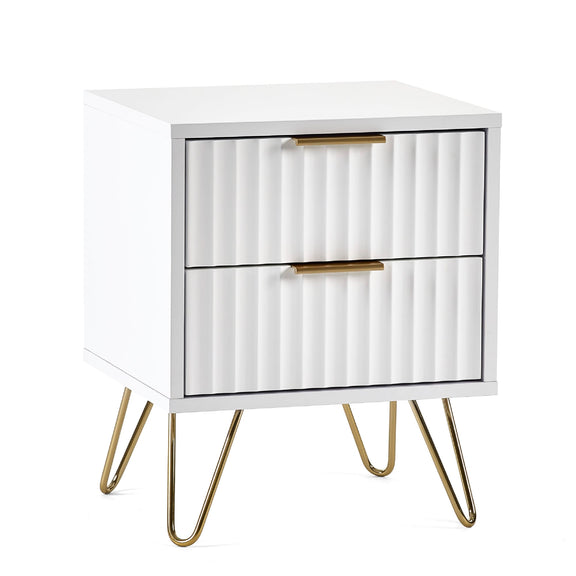 White nightstand with gold legs and a ribbed design on a white background