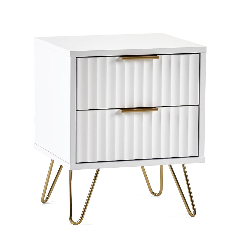 White nightstand with gold legs and a ribbed design on a white background