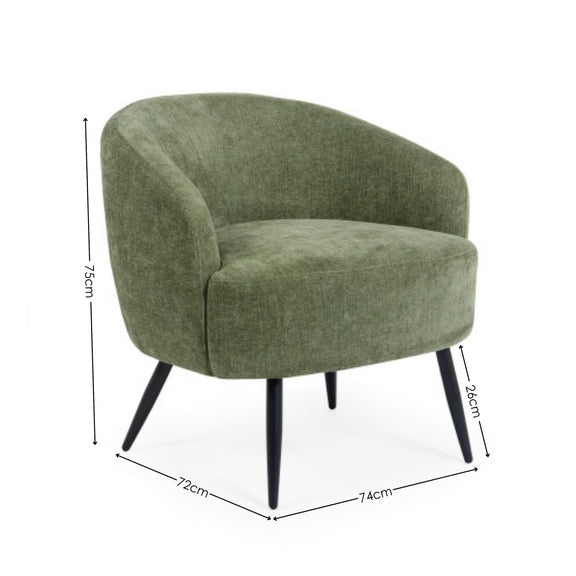 Green armchair with dimensions marked on a white background