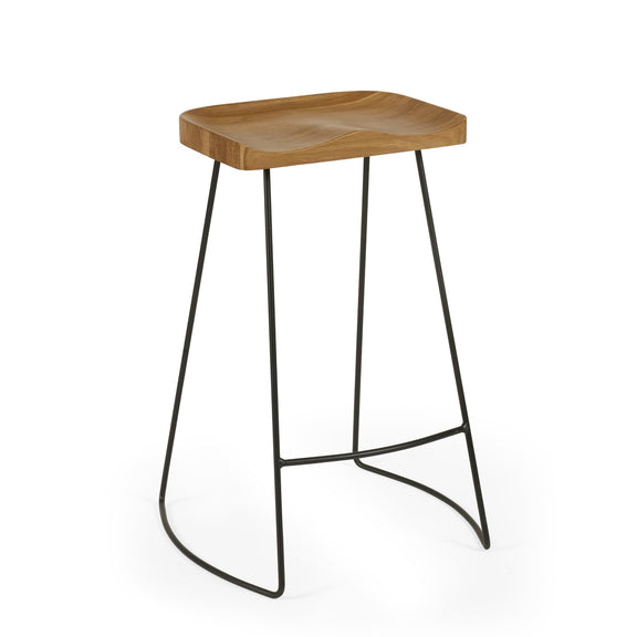 Wooden bar stool with black metal legs on a white background
