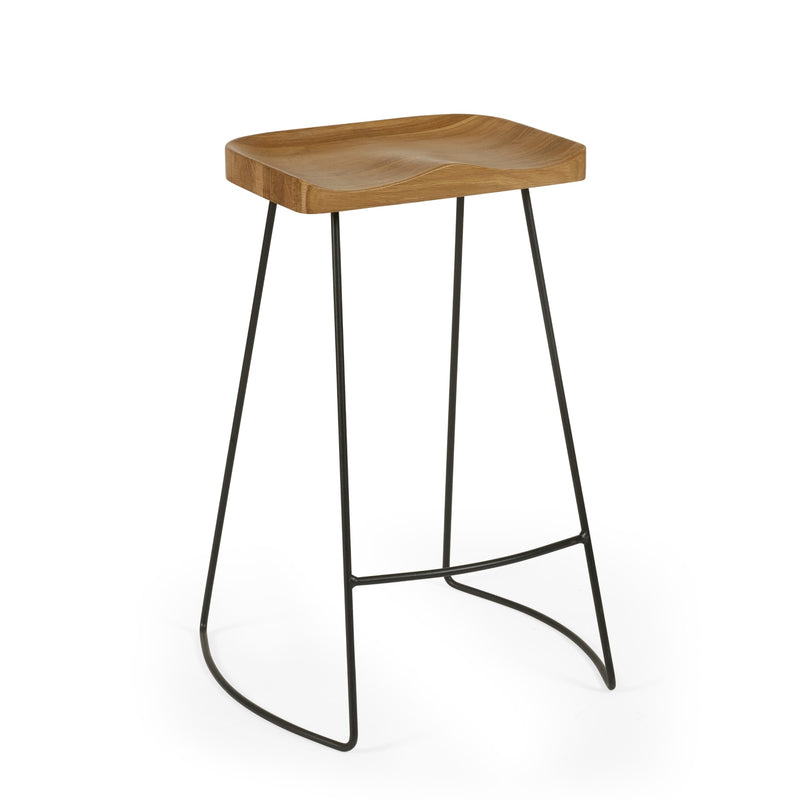 Wooden bar stool with black metal legs on a white background