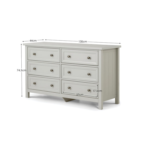 Gray dresser with dimensions labeled on a white background