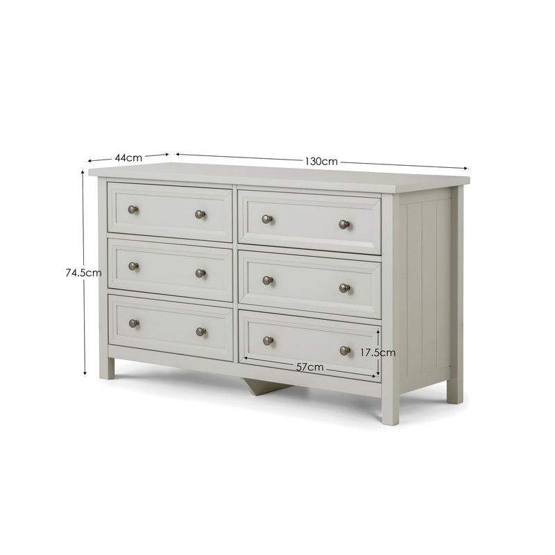 Gray dresser with dimensions labeled on a white background