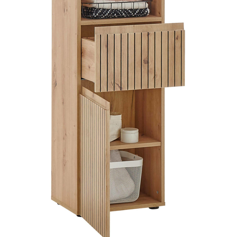 Wooden storage cabinet with open doors on a white background
