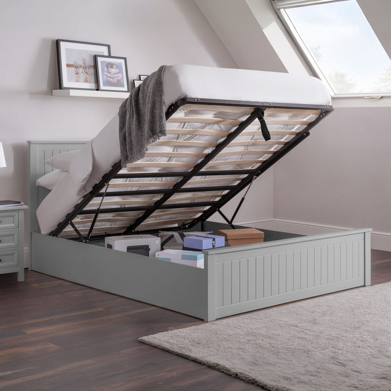 Grey wooden ottoman storage bed with lift-up mattress and under bed storage