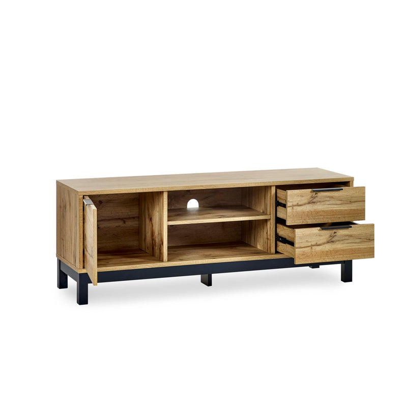 Wooden TV stand with storage drawers on a white background