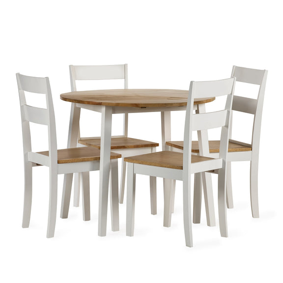 Dining set with a round wooden table and four matching chairs on a white background
