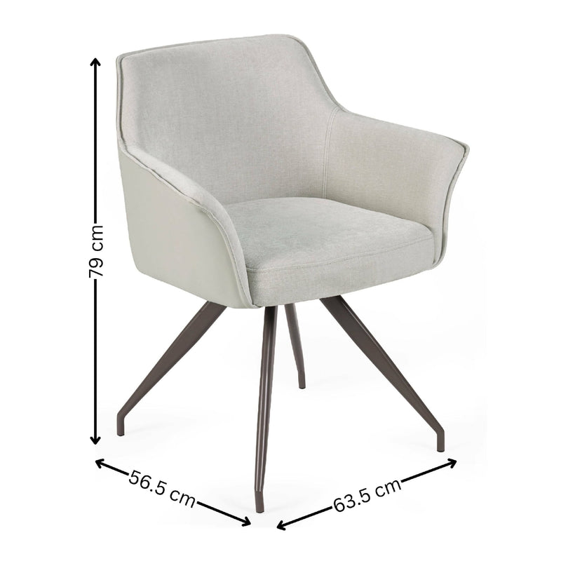 Gray chair with dimensions labeled on a white background
