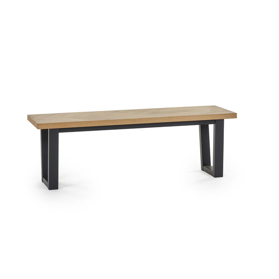 Long wooden table with black metal legs on a white background